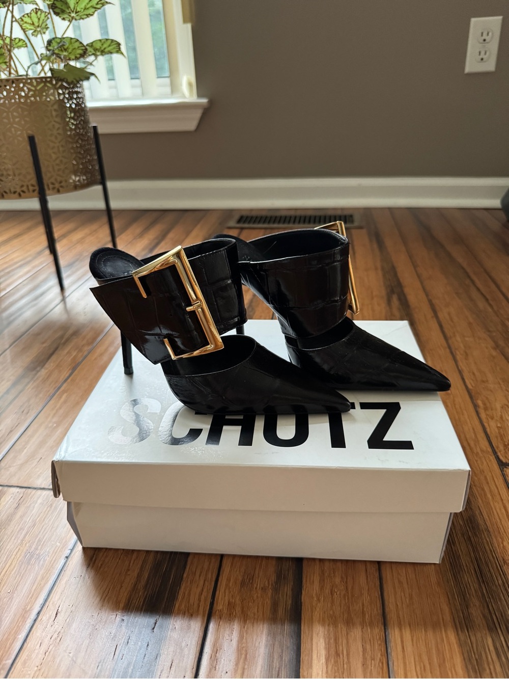 SCHUTZ Black Patent Pointed Stiletto Mules with Gold Buckles